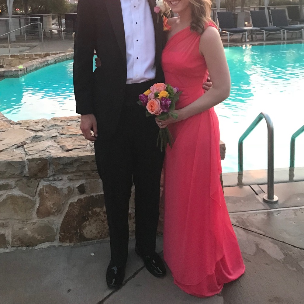Davids Bridal Long Mesh One Shoulder Dress - Guava